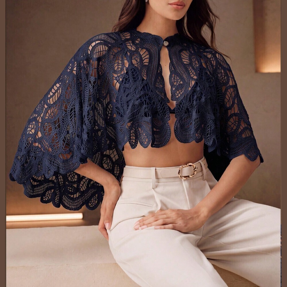 Navy Crochet Lace Cape Sleeve Cropped Top with Scalloped Hem